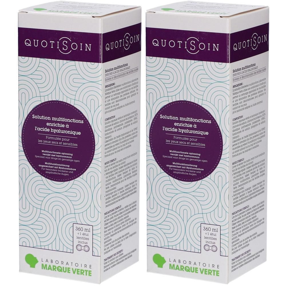 Twee dozen Quotisoin-oplossing. Witte dozen met paarse accenten en tekst. Merk en productnaam duidelijk zichtbaar.