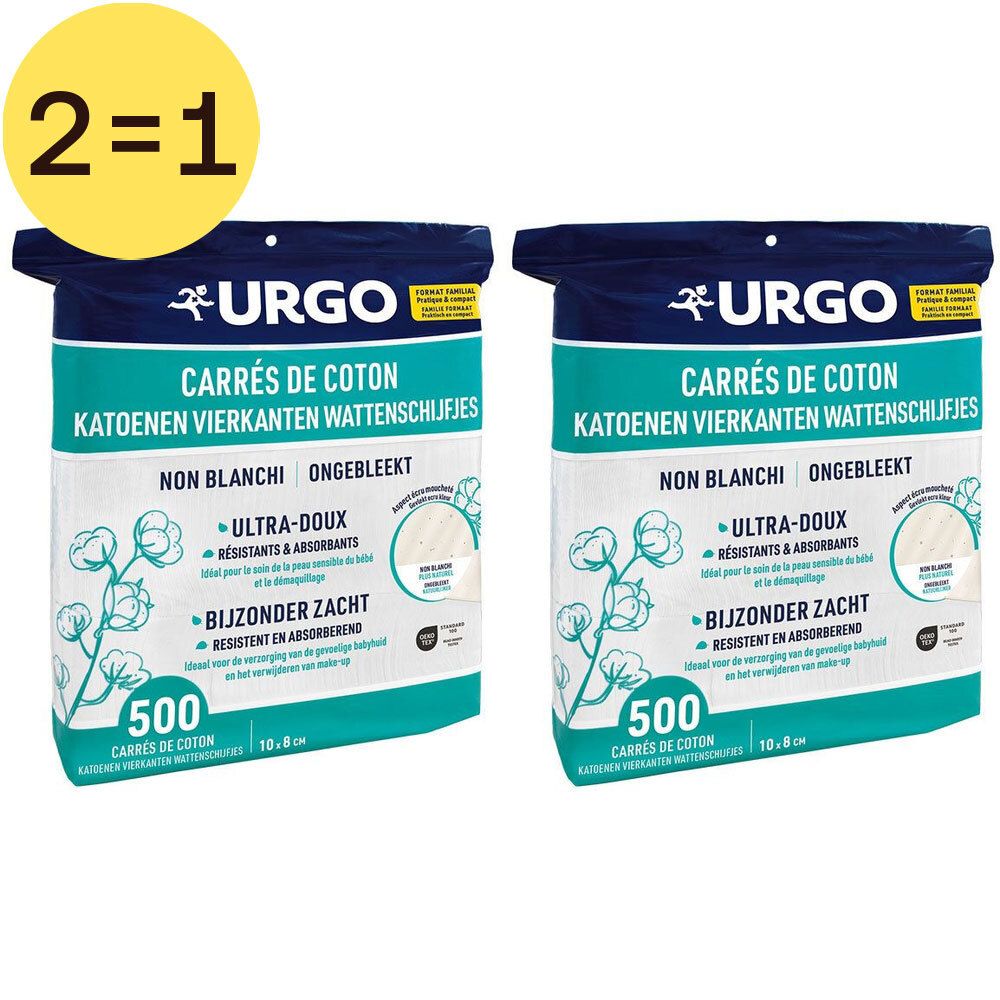 Twee verpakkingen Urgo Carrés de Coton. Blauwe verpakking, productnaam en 500 stuks. 2 voor 1 aanbieding.