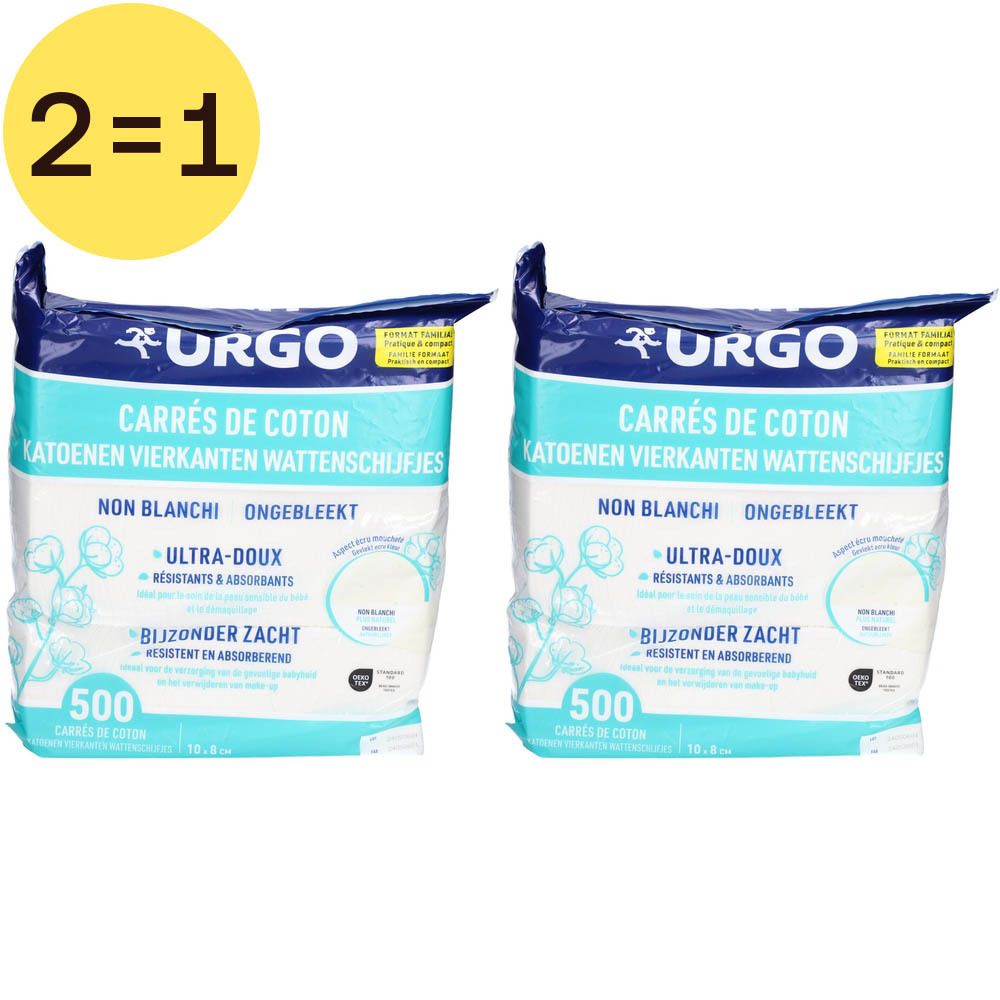 Twee verpakkingen Urgo Carrés de Coton. Blauwe verpakking met productnaam en 500 stuks. 2 voor 1 aanbieding.