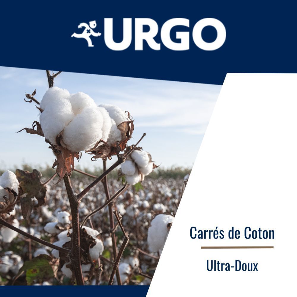 Champ de coton avec texte: Carrés de Coton, Ultra-Doux. Logo Urgo.