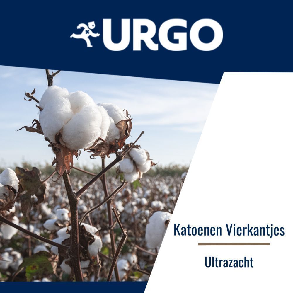 Katoenveld met tekst: Katoenen Vierkantjes, Ultra-zacht. Logo Urgo.