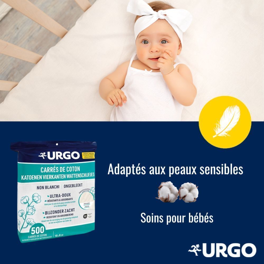 Bébé avec paquet de carrés de coton. Texte: Adaptés aux peaux sensibles, Soins pour bébés. Logo Urgo.