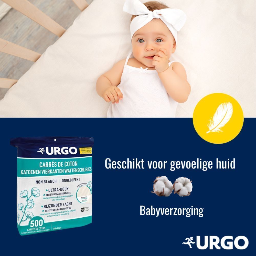 Baby met wattenschijfjes. Tekst: Geschikt voor gevoelige huid, Babyverzorging. Logo Urgo.