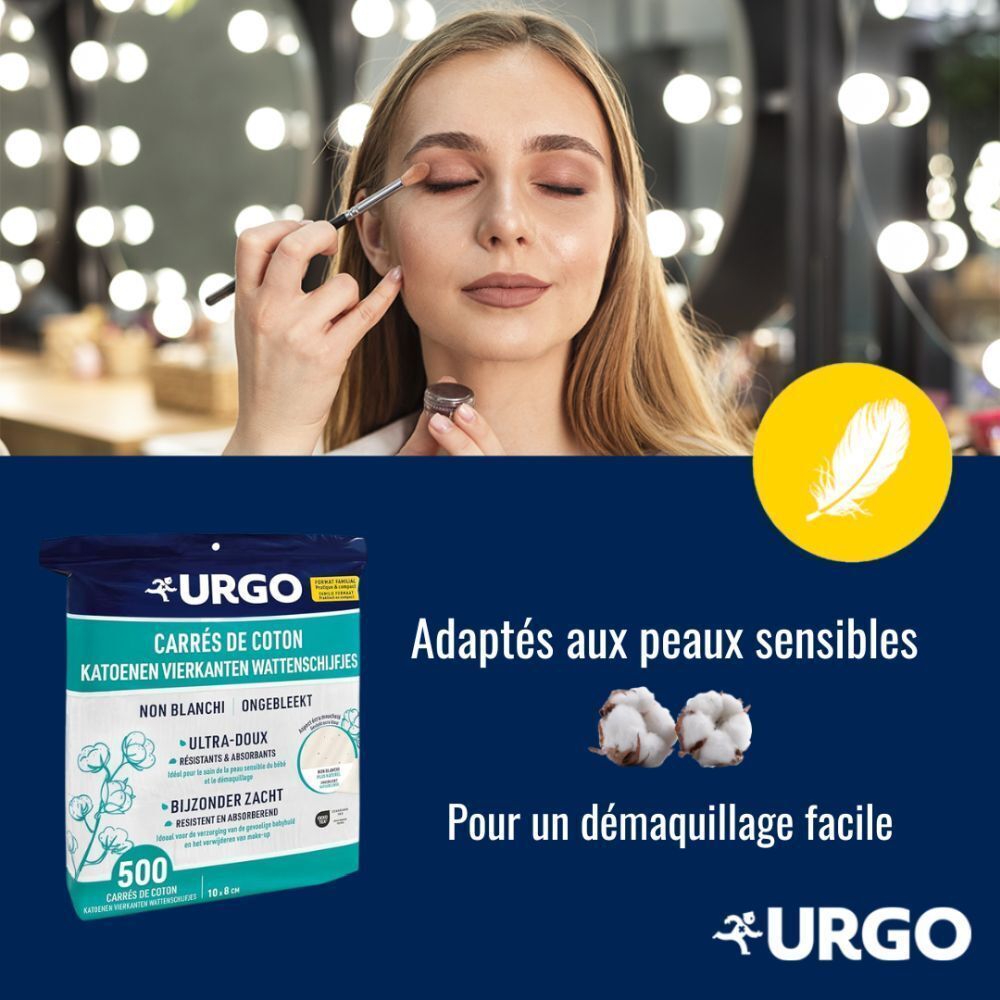Femme se maquillant. Paquet de carrés de coton. Texte: Adaptés aux peaux sensibles, Pour un démaquillage facile. Logo Urgo.