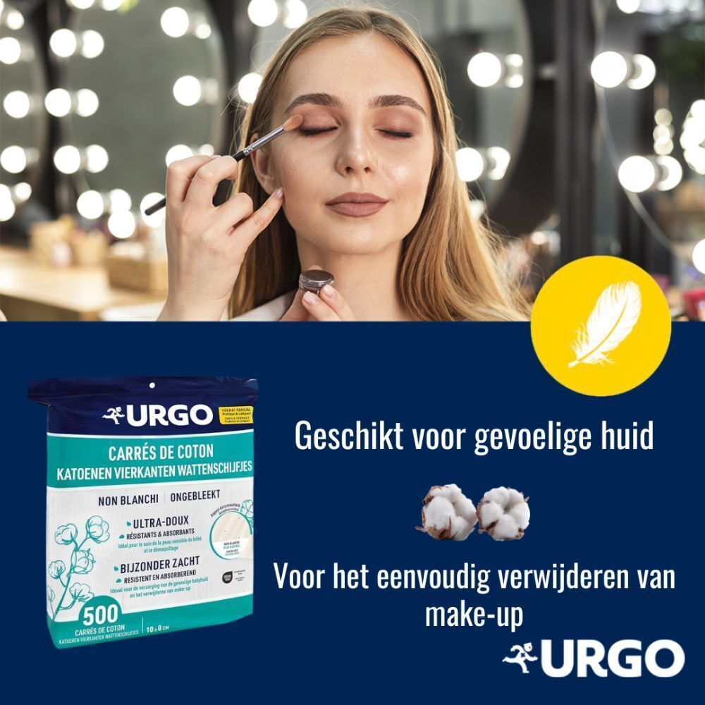 Vrouw die zich opmaakt. Wattenschijfjes. Tekst: Geschikt voor gevoelige huid, Voor het eenvoudig verwijderen van make-up. Logo Urgo.