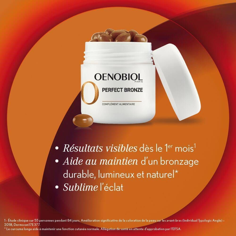 Pot Oenobiol Perfect Bronze ouvert, avec gélules. Texte : Complément alimentaire. Avantages.
