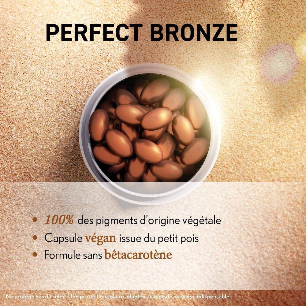 Gélules Oenobiol Perfect Bronze dans un récipient. Texte : 100% pigments végétaux, vegan.