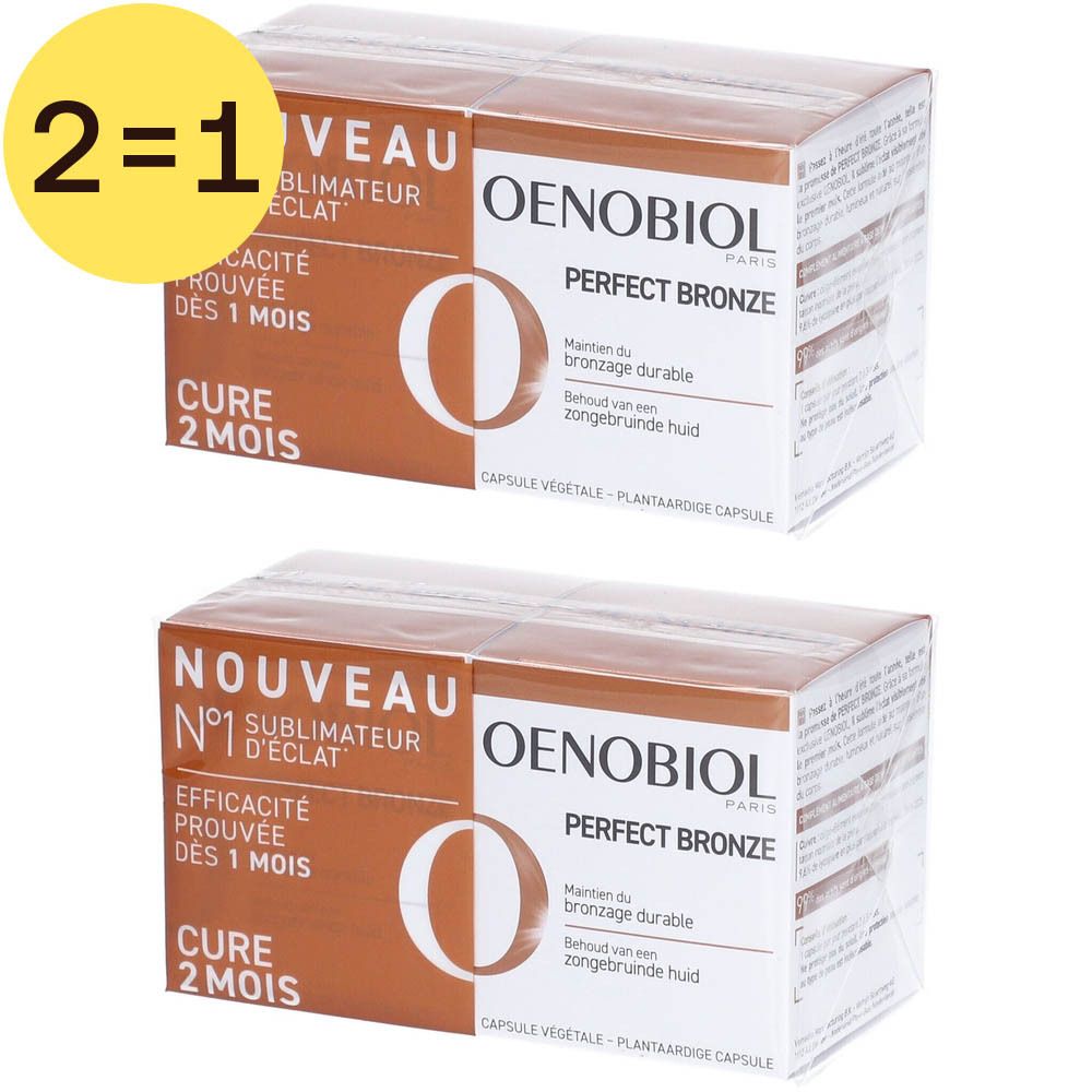 Deux boîtes Oenobiol Perfect Bronze. Capsules pour un bronzage durable. Offre 2 pour 1.