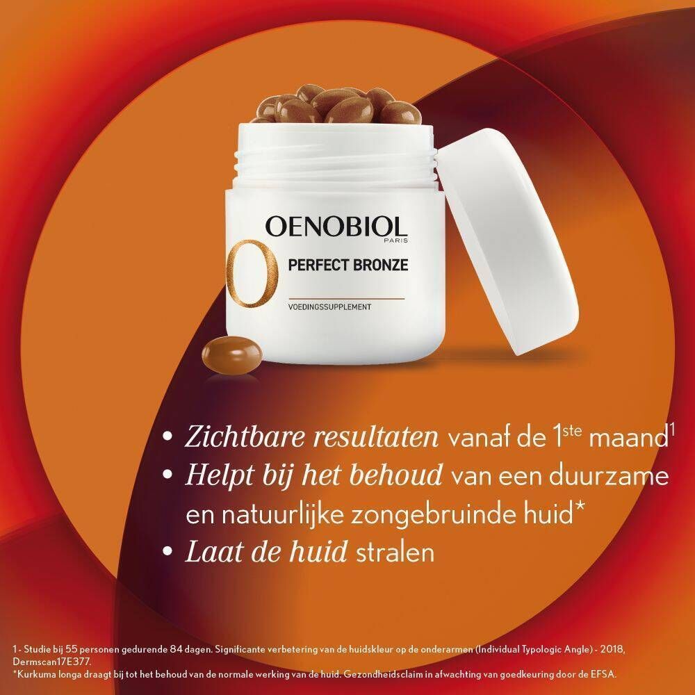 Oenobiol Perfect Bronze pot met capsules. Tekst: Zichtbare resultaten vanaf de 1ste maand. Helpt bij het behoud van een duurzame.
