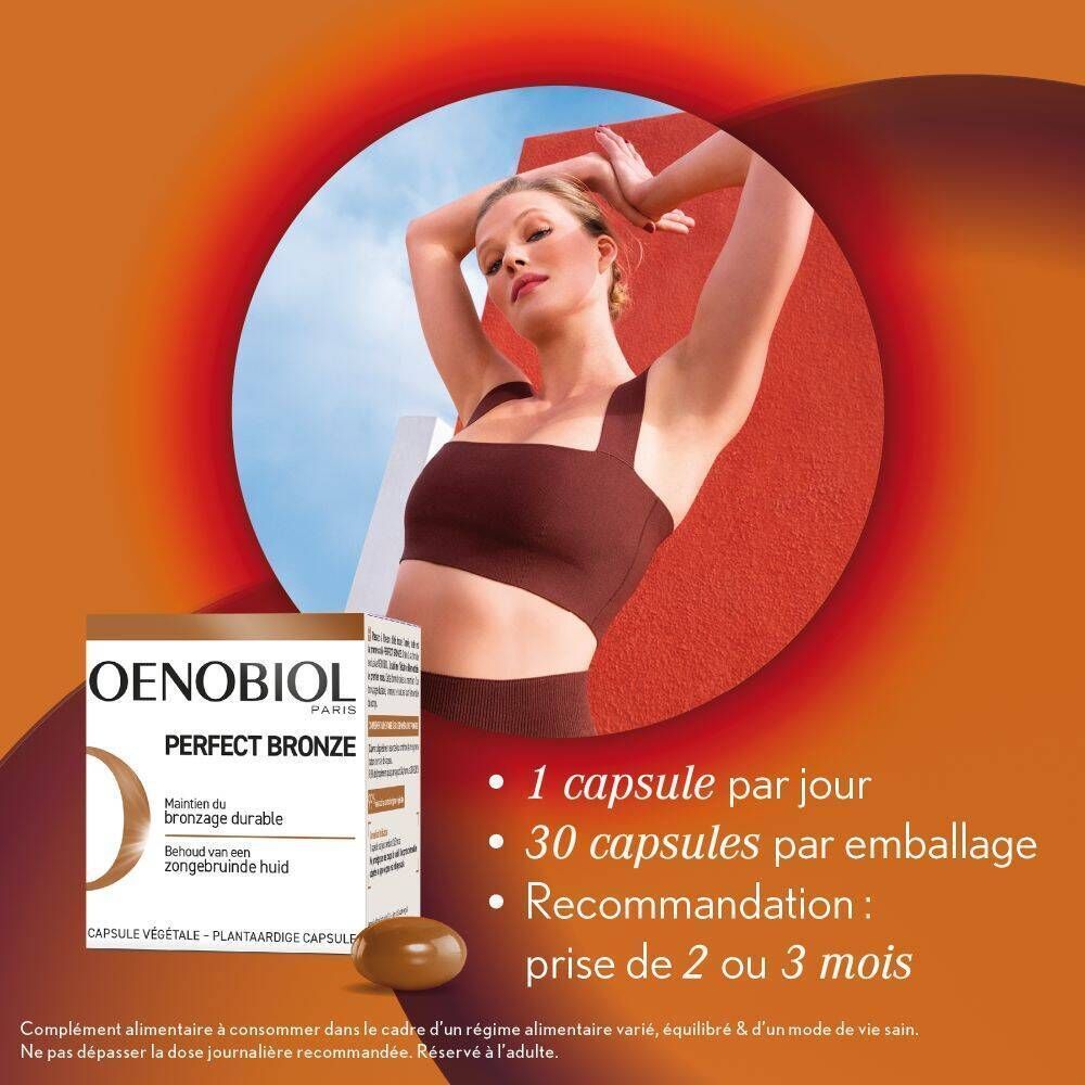 Boîte Oenobiol Perfect Bronze et capsule. Texte : 1 capsule par jour. 30 capsules par emballage. Recommandation : prise de 2 ou 3 mois.
