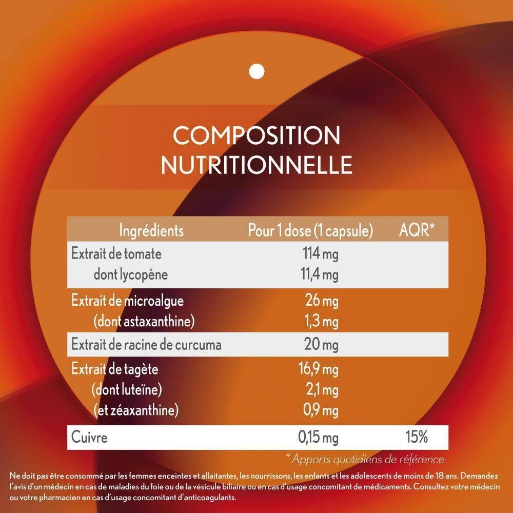 Tableau nutritionnel. Ingrédients : Extrait de tomate, Extrait de microalgue, Extrait de racine de curcuma, Extrait de tagète, Cuivre.