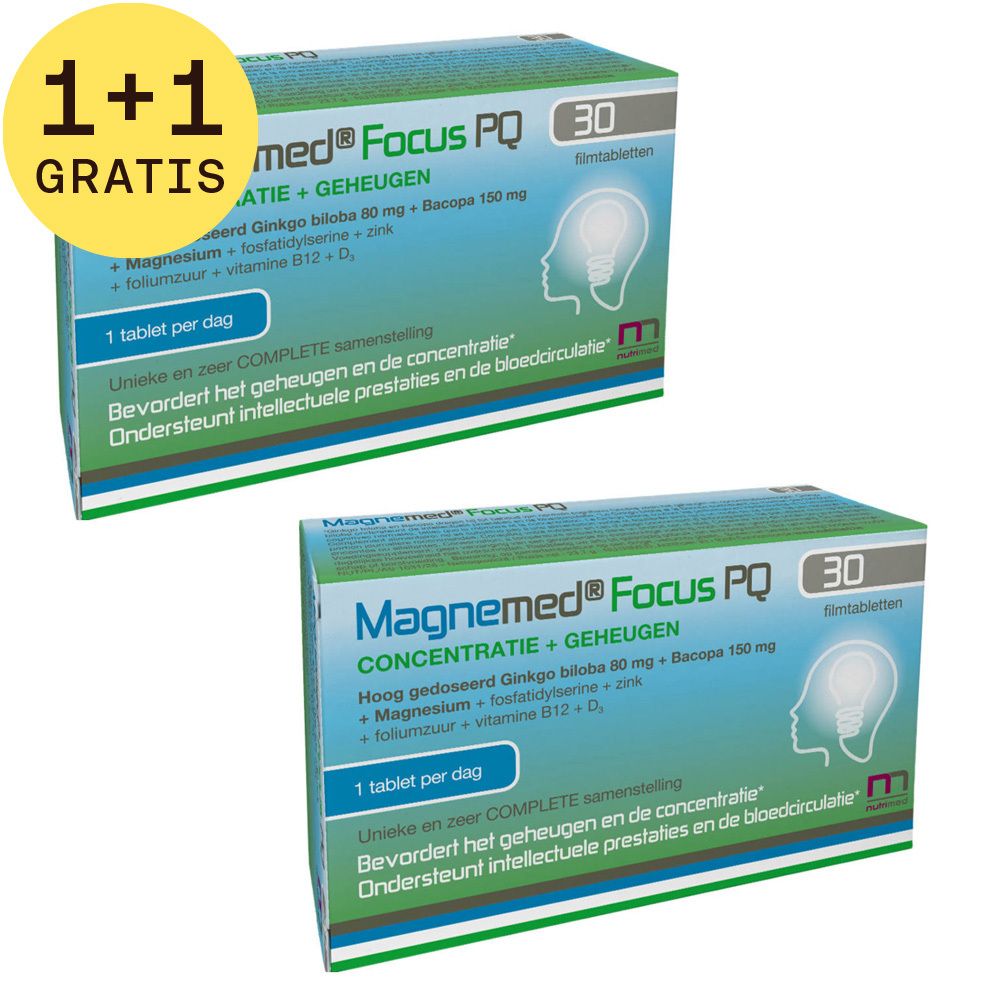 Twee verpakkingen Magnemed Focus PQ met 30 filmtabletten. Opschrift: 1+1 GRATIS. Bevat Ginkgo biloba, magnesium, fosfatidylserine, zink.