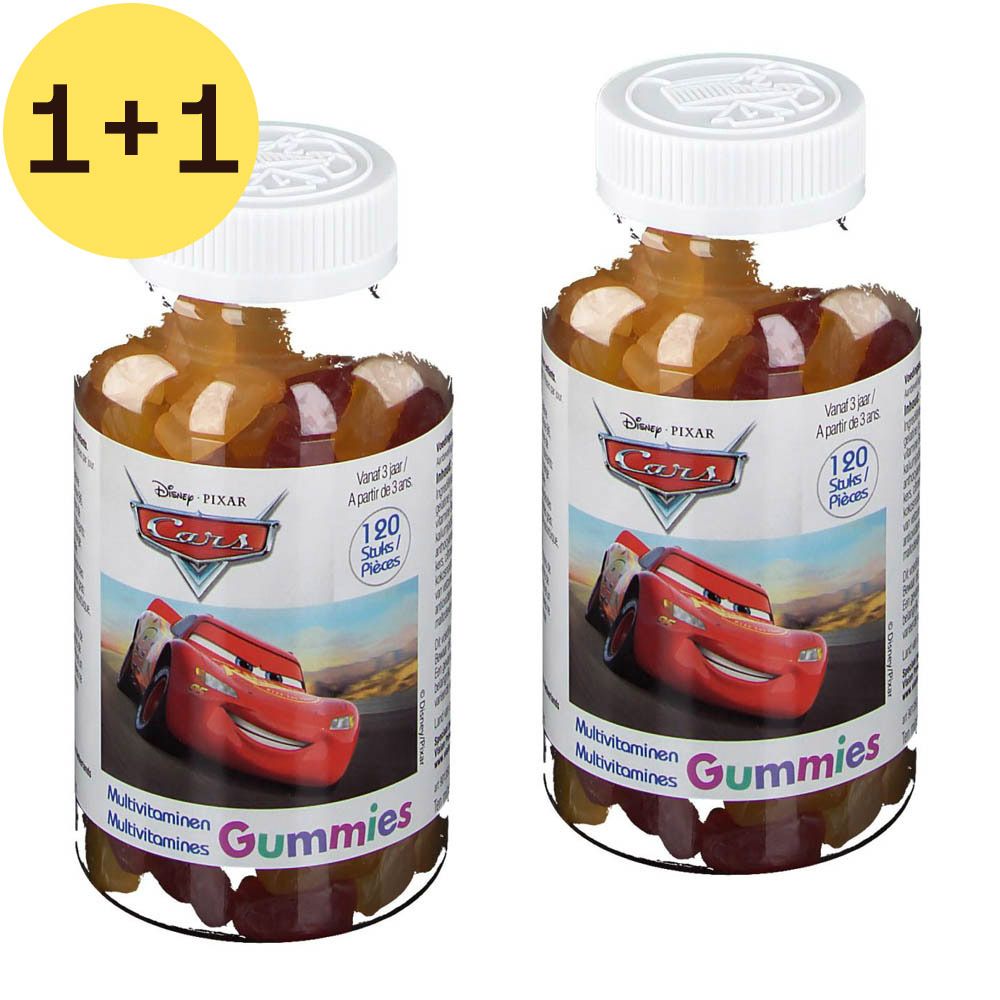 Twee flessen multivitamine gummies. Opschrift: Disney Pixar Cars. 1+1 gratis.