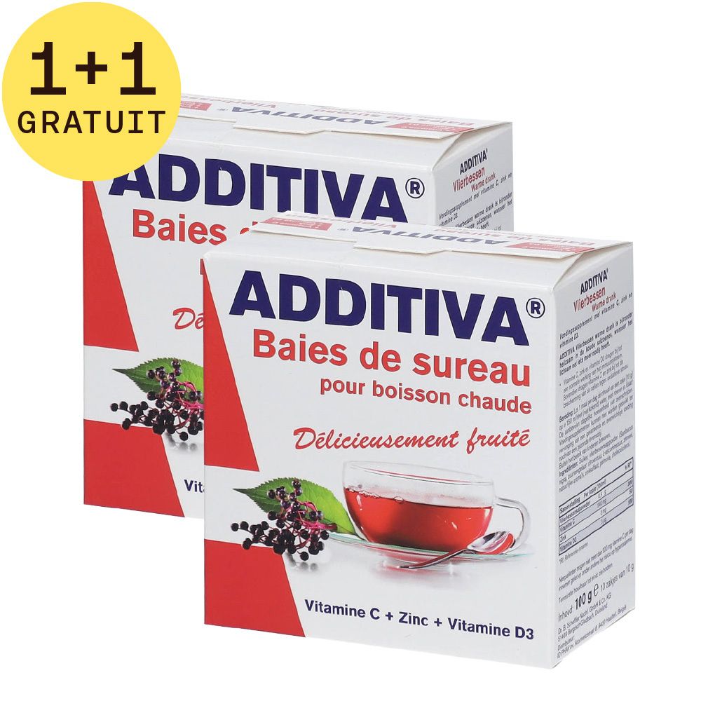 Deux boîtes Additiva avec inscription '1+1 GRATUIT'. Inscription: Baies de sureau, Vitamine C, Zinc, Vitamine D3. Illustration: boisson.
