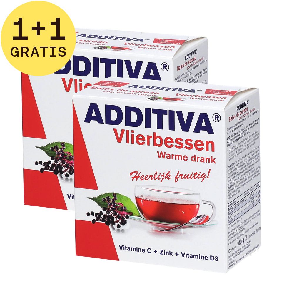 Twee dozen Additiva Vlierbessen met opschrift '1+1 GRATIS'. Opschrift: Vitamine C, Zink, Vitamine D3. Illustratie: drankje.
