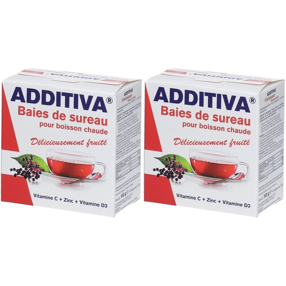 Twee dozen Additiva Baies de sureau. Opschrift: Vitamine C, Zink, Vitamine D3. Illustratie: kopje drank, vlierbessen.