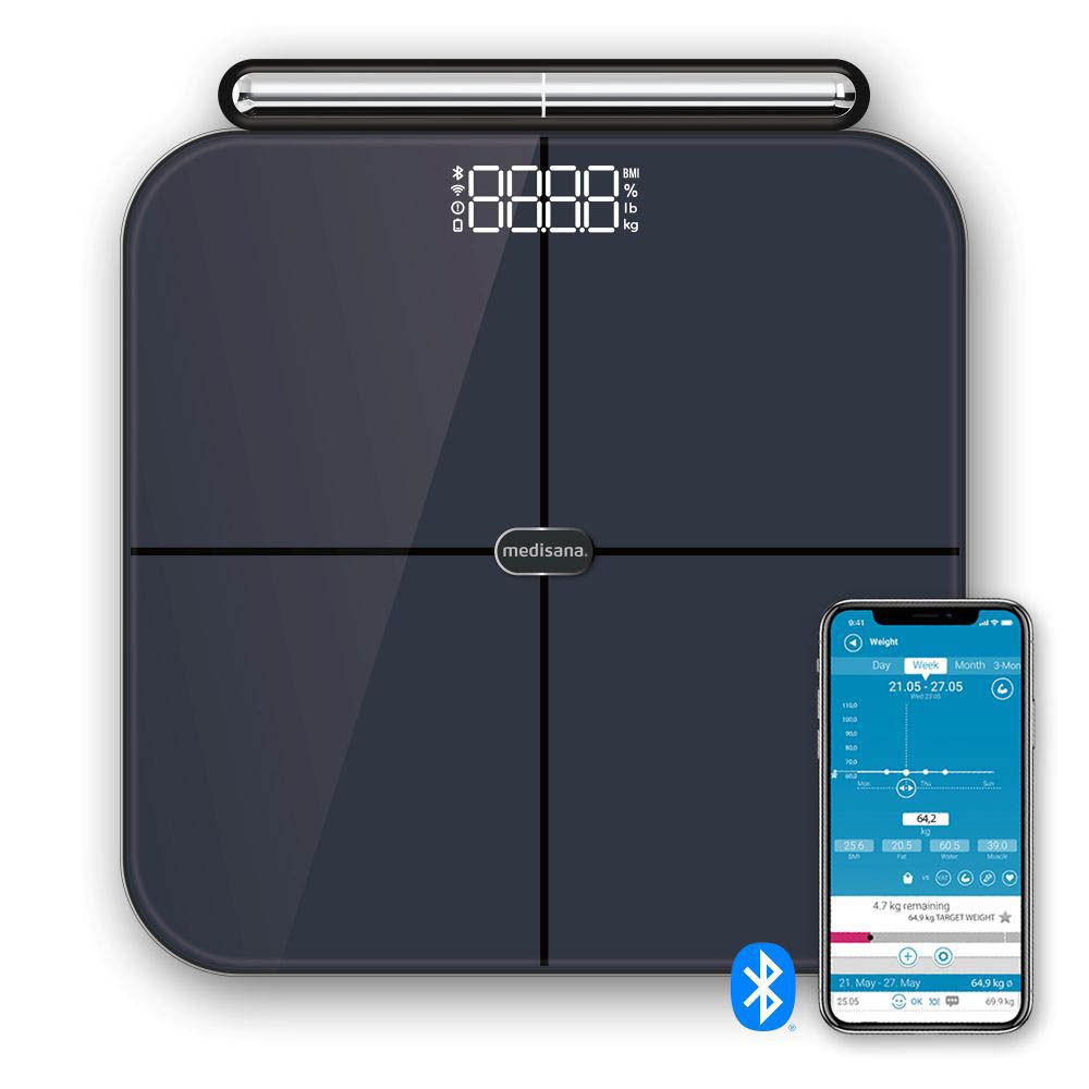 Lichaamsanalyseweegschaal met digitale display en smartphone. Bluetooth-symbool. Merk: medisana.