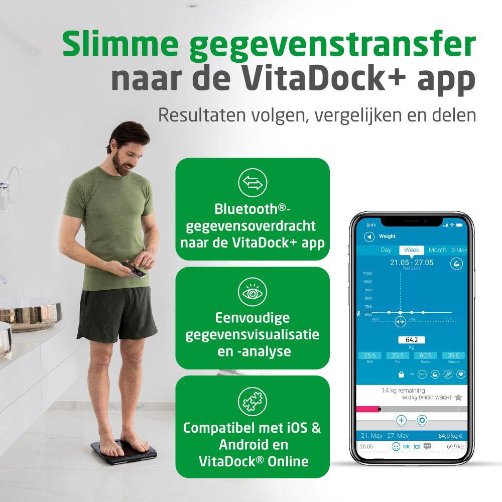 Man met smartphone en weegschaal. Tekst: Slimme gegevenstransfer naar de VitaDock+ app. Grafieken.