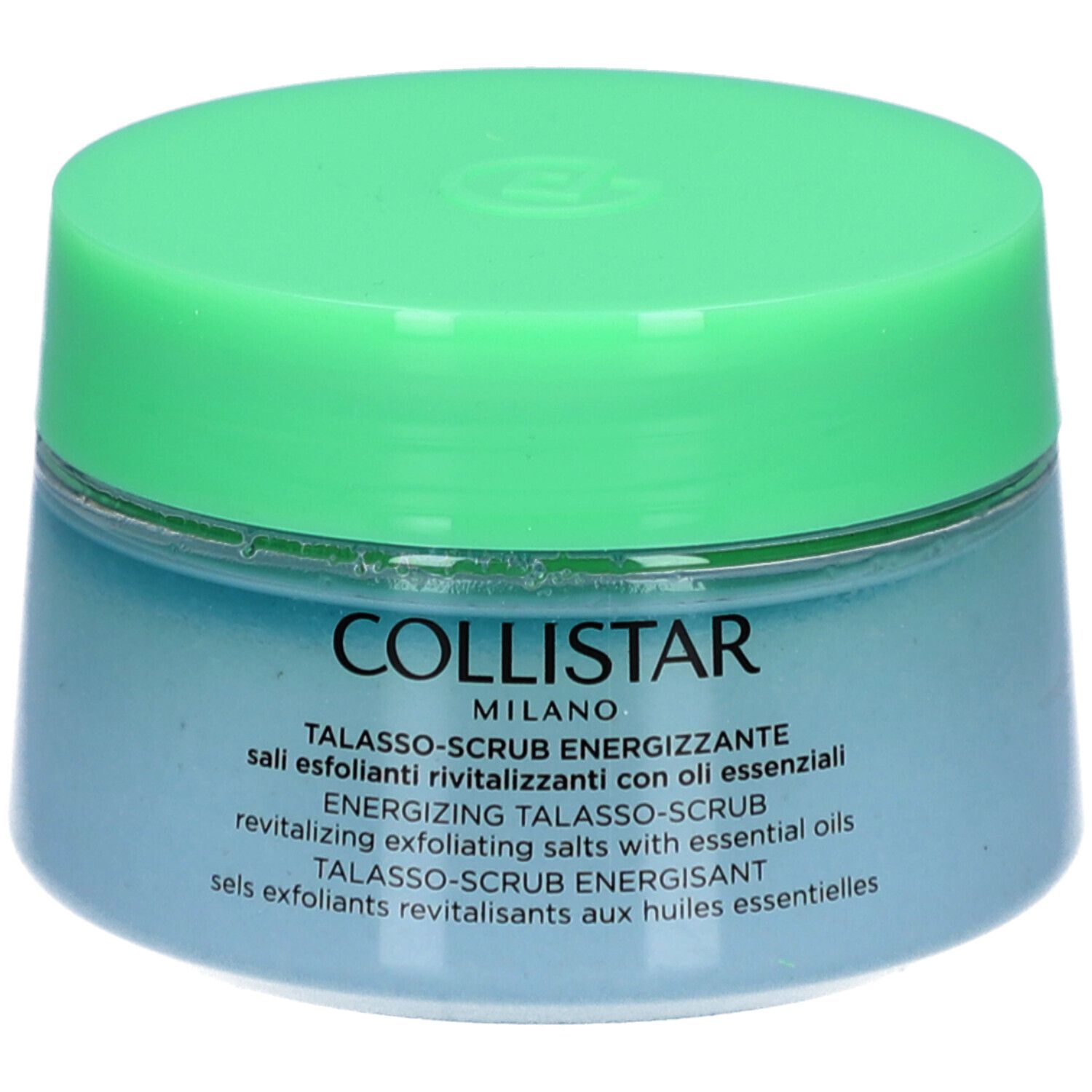 Pot en verre bleu avec couvercle vert. Inscription : COLLISTAR, TALASSO-SCRUB ENERGIZZANTE.