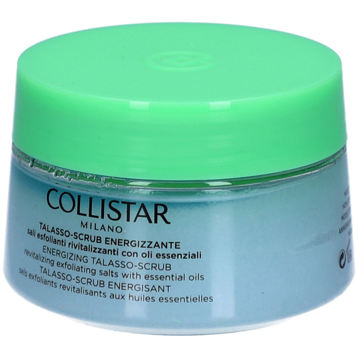 Pot bleu avec couvercle vert. Inscription : COLLISTAR, TALASSO-SCRUB ENERGIZZANTE.