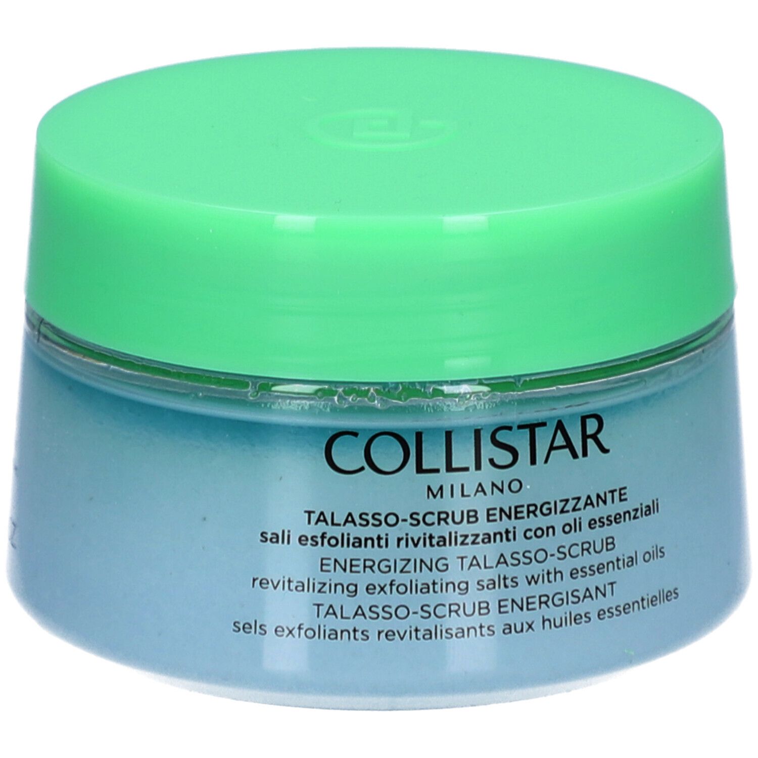 Pot bleu avec couvercle vert. Inscription : COLLISTAR, TALASSO-SCRUB ENERGIZZANTE.