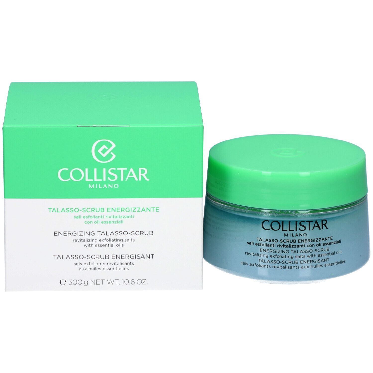 Emballage du produit avec couvercle vert et boîte. Inscription : COLLISTAR, TALASSO-SCRUB ENERGIZZANTE.
