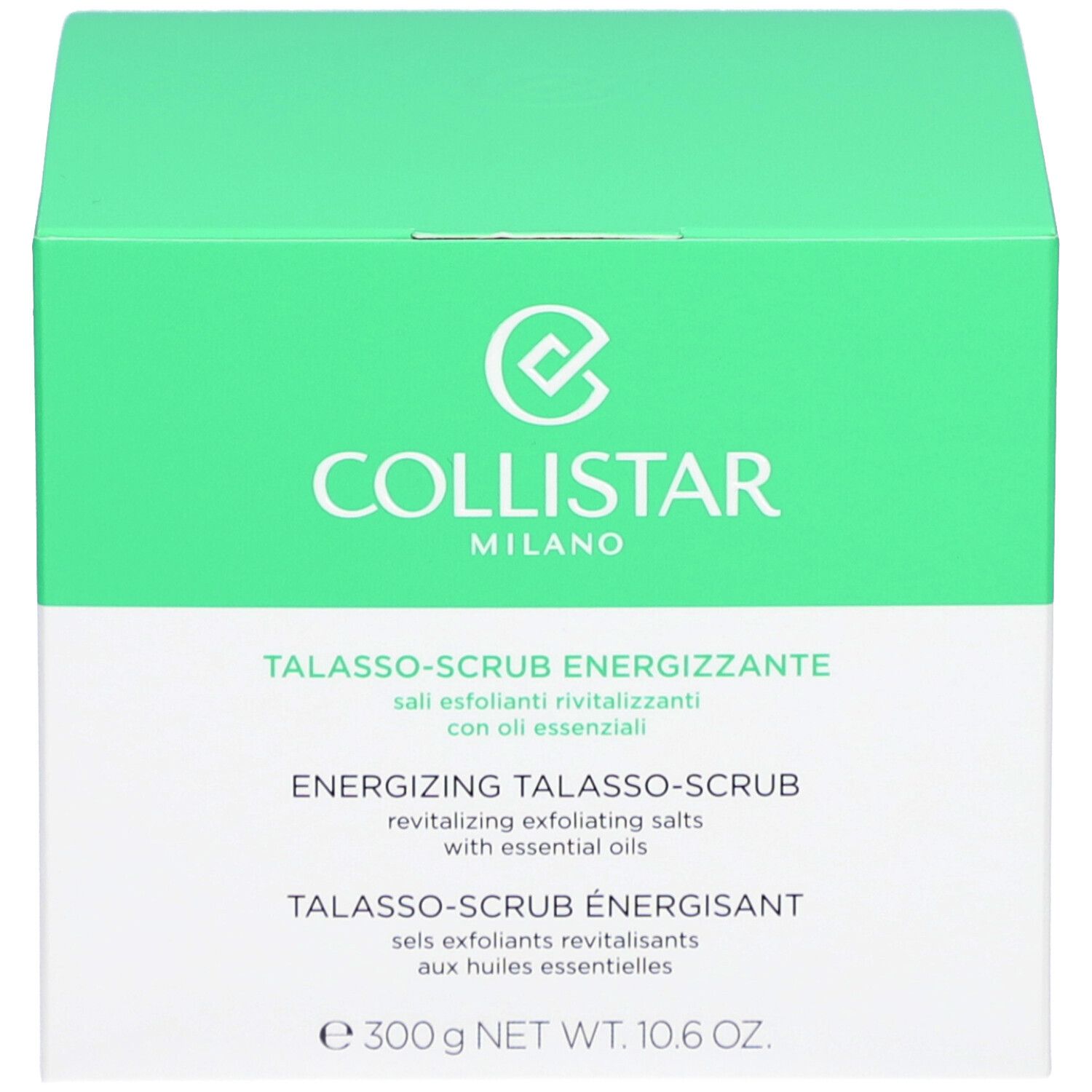 Boîte verte. Inscription : COLLISTAR, TALASSO-SCRUB ENERGIZZANTE. Poids net : 300g.