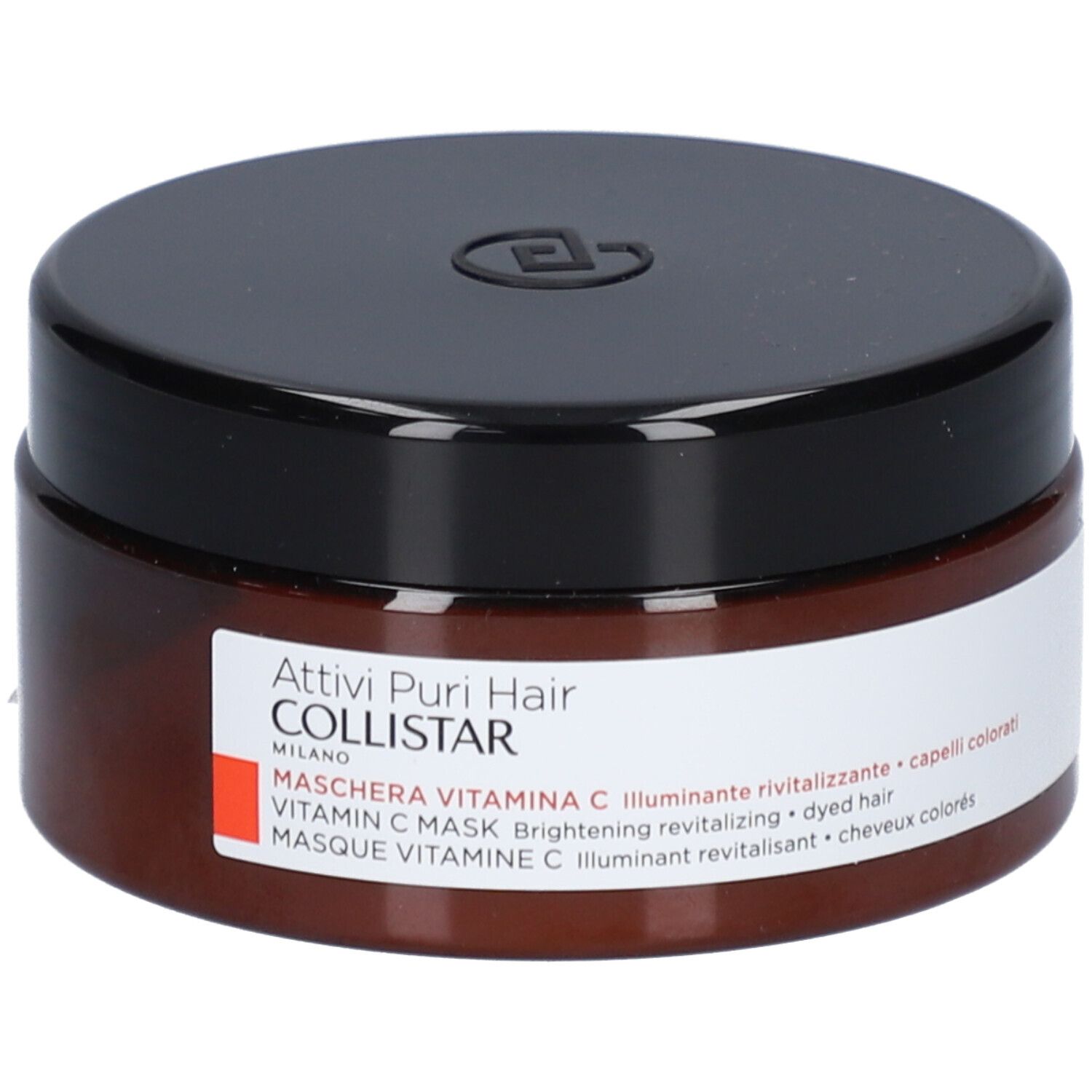 Bruine pot met zwarte deksel. Etiket met tekst: Collistar Masque Vitamin C. Voor gekleurd haar.