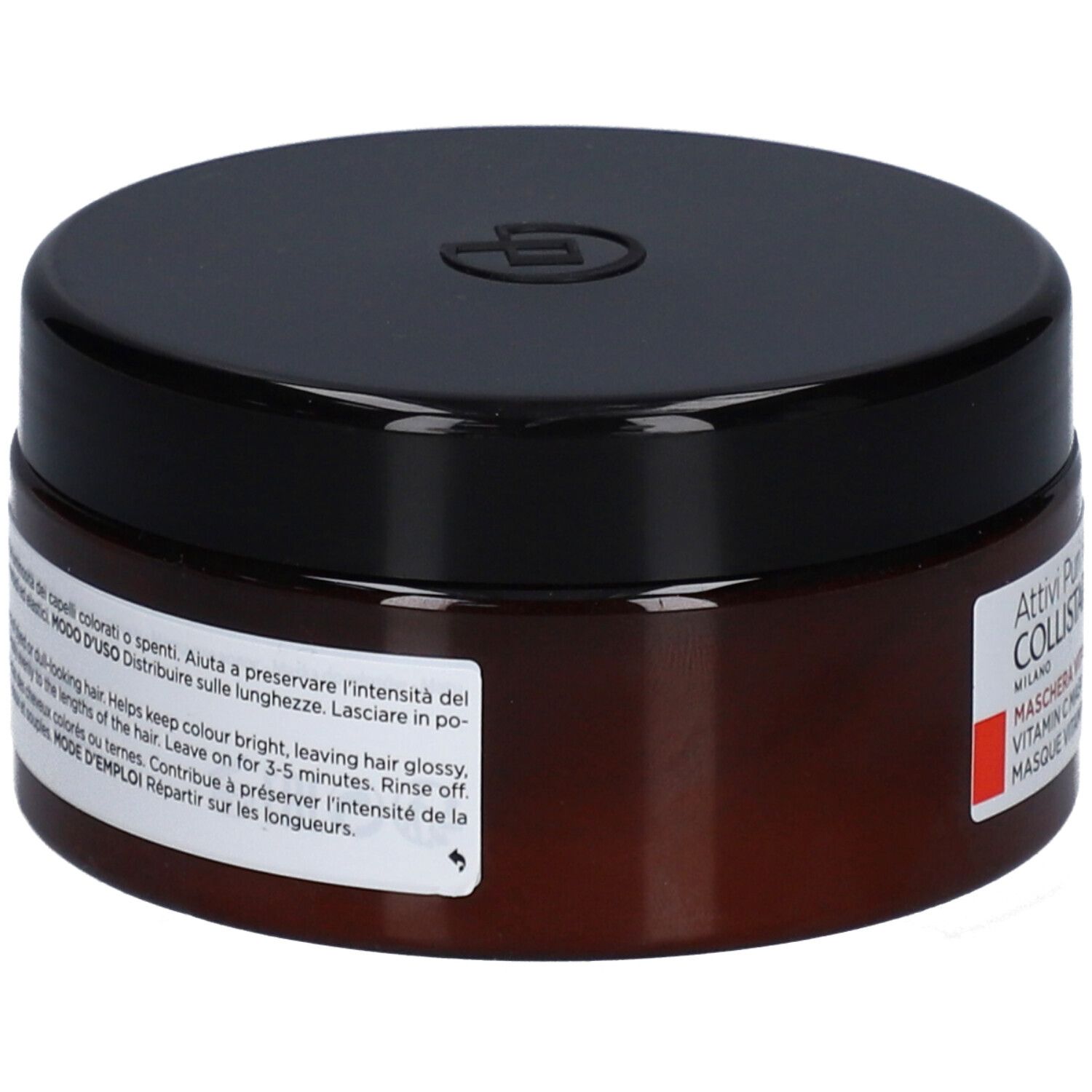 Bruine pot met zwarte deksel. Etiket met tekst: Collistar Masque Vitamin C. Voor gekleurd haar. Achterkant.