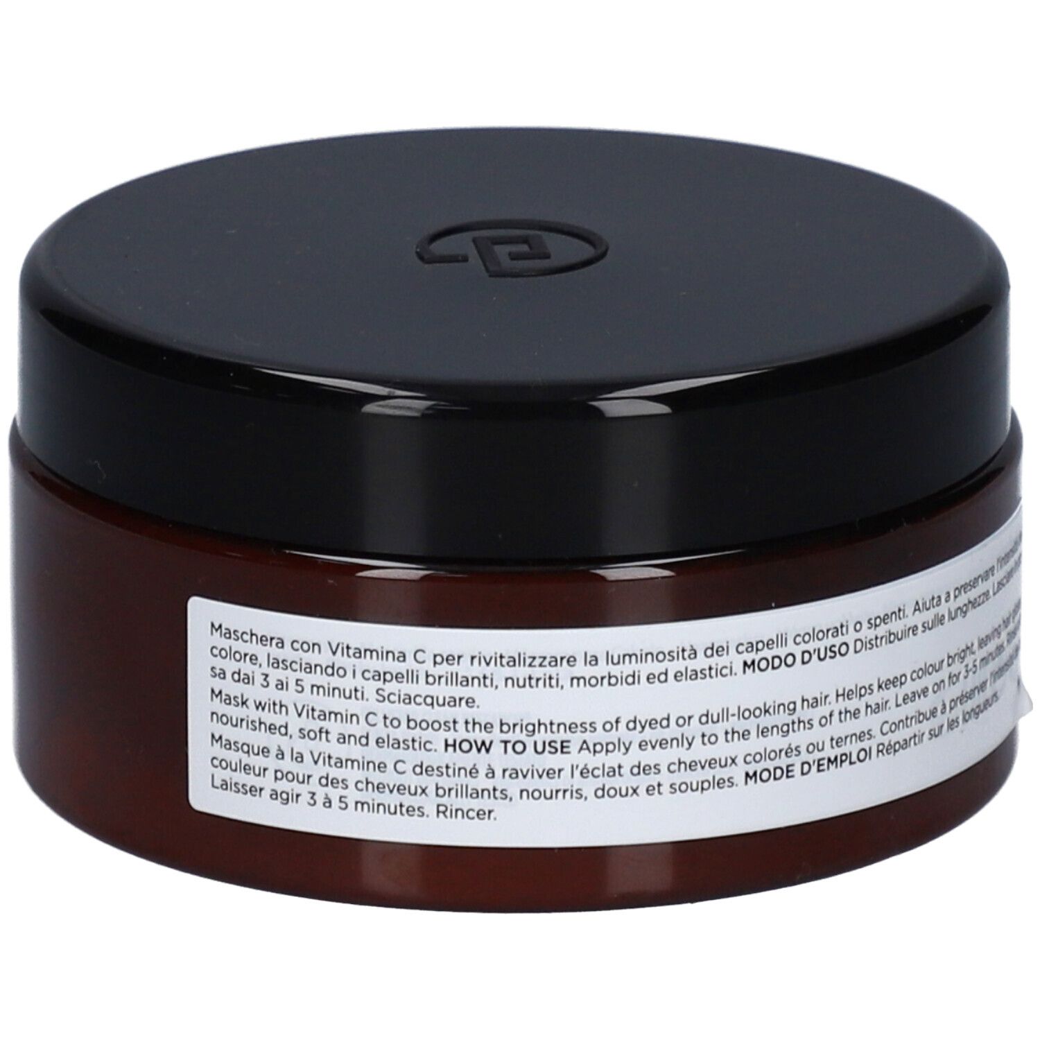 Bruine pot met zwarte deksel. Etiket met tekst: Collistar Masque Vitamin C. Voor gekleurd haar. Achterkant.