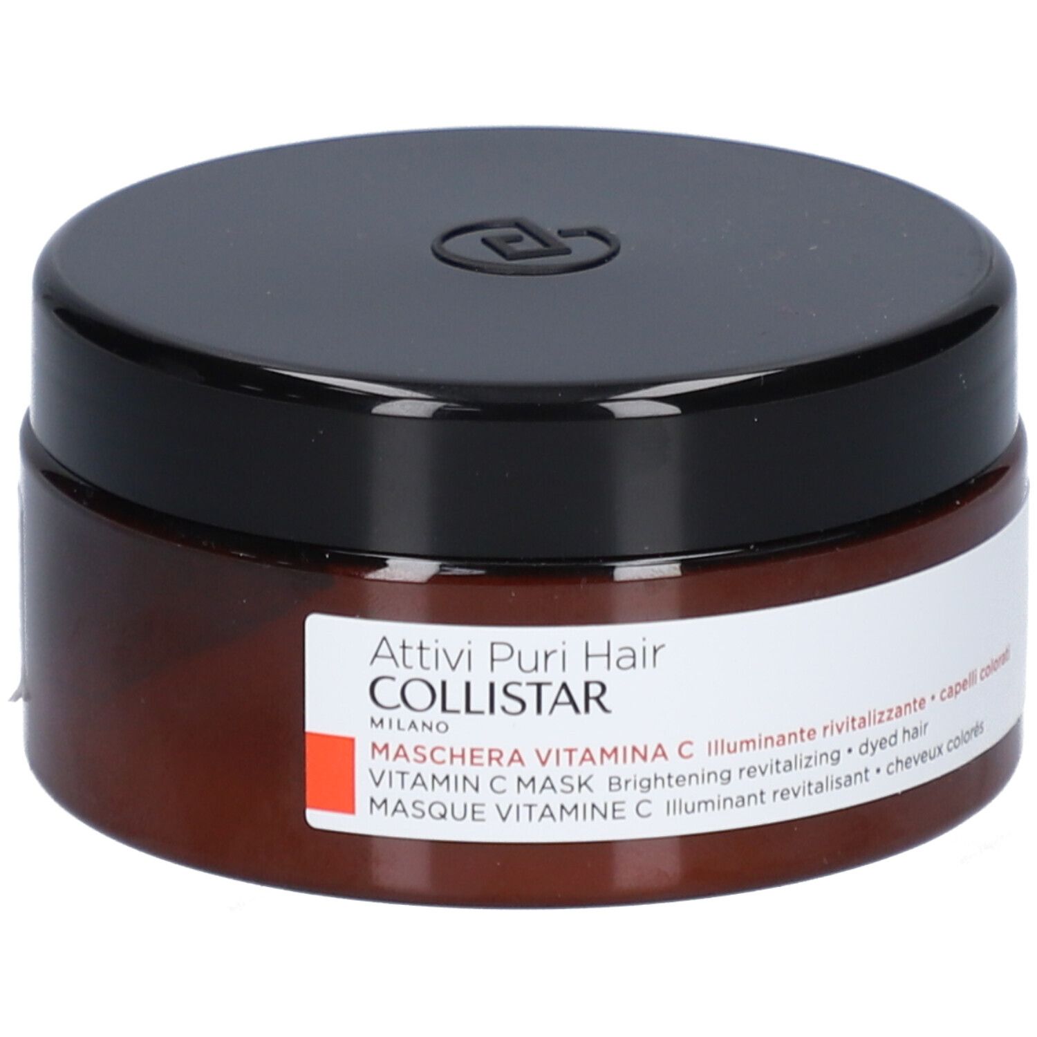 Bruine pot met zwarte deksel. Etiket met tekst: Collistar Masque Vitamin C. Voor gekleurd haar.