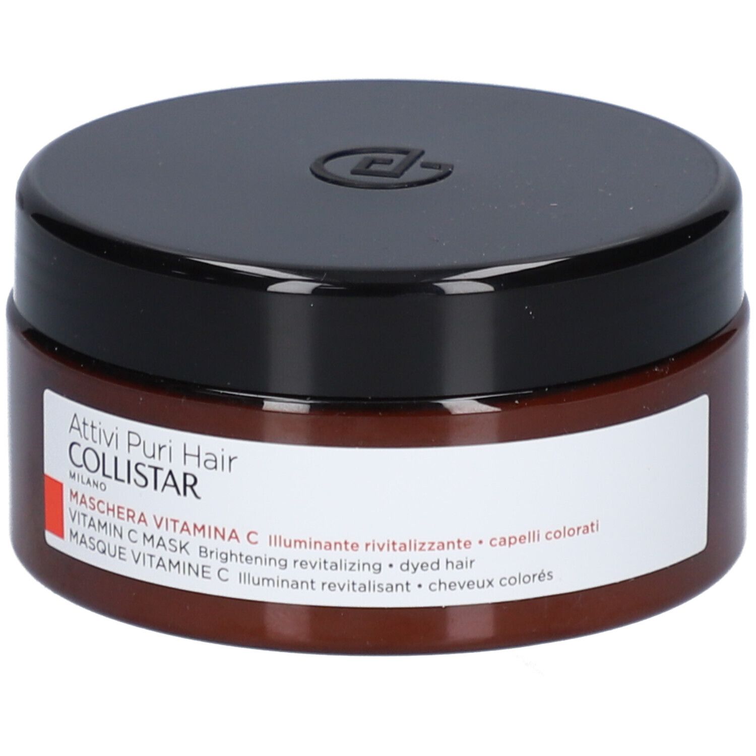 Bruine pot met zwarte deksel. Etiket met tekst: Collistar Masque Vitamin C. Voor gekleurd haar.