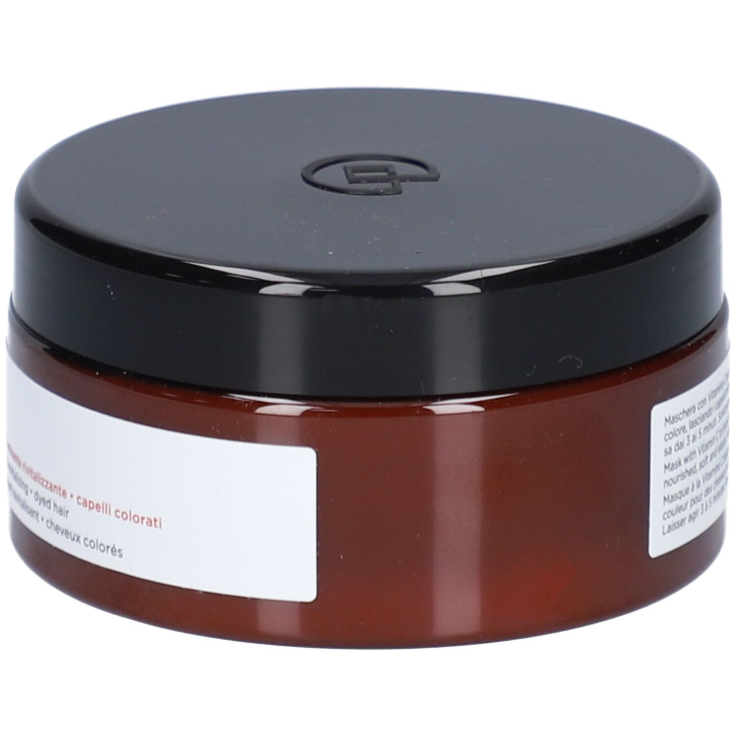 Bruine pot met zwarte deksel. Etiket met tekst: Collistar Masque Vitamin C. Voor gekleurd haar. Achterkant.