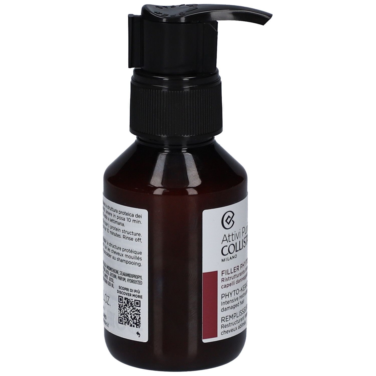 Bruine fles met zwarte pomp. Etiket met "Filler Phyto-Keratina".