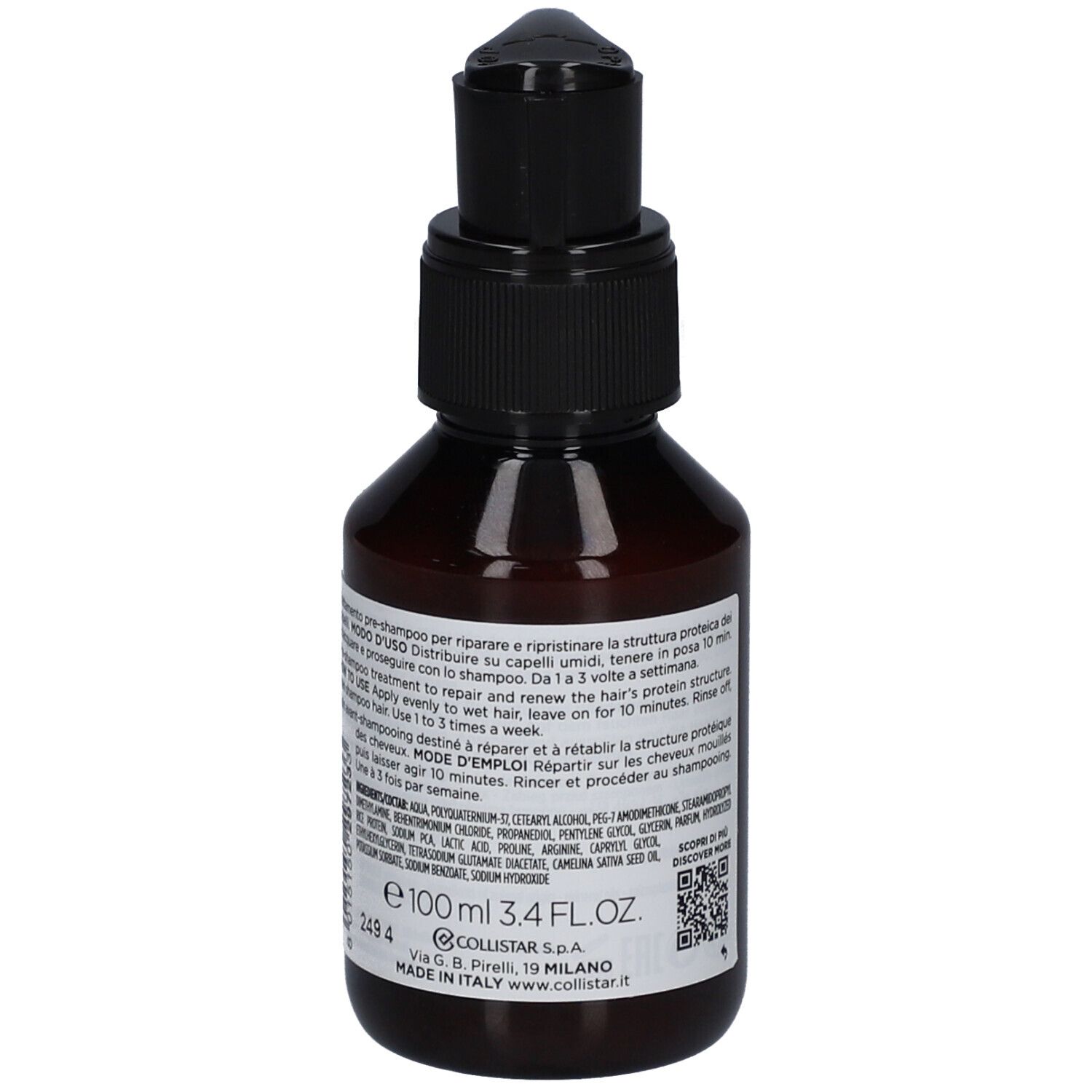 Bruine fles met zwarte pomp. Etiket met "Filler Phyto-Keratina".