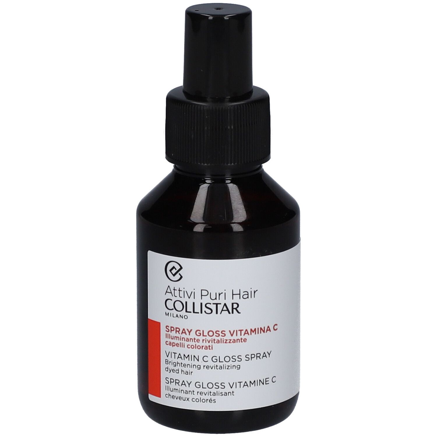 Bruine glazen fles met zwarte spraykop. Etiket met productnaam en merk: Collistar Vitamin C Gloss Spray.