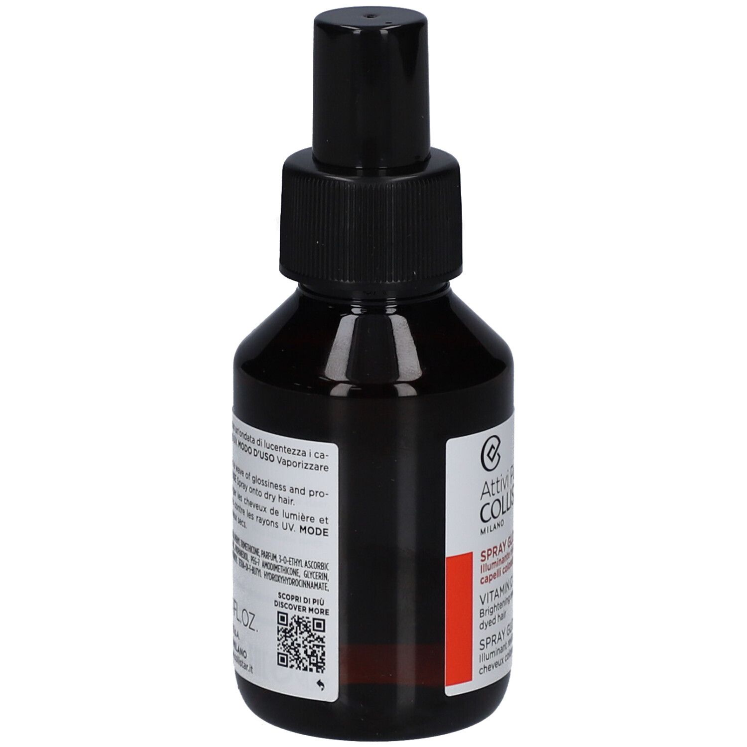 Bruine glazen fles met zwarte spraykop. Etiket met productinformatie en QR-code. Merk: Collistar.