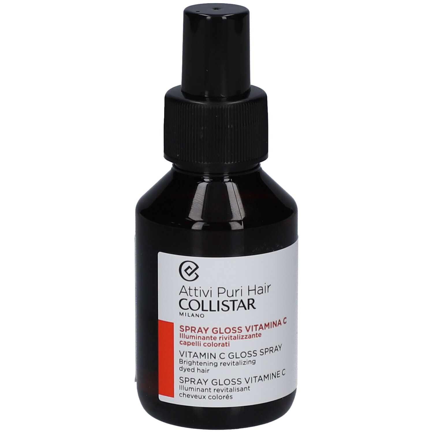 Bruine glazen fles met zwarte spraykop. Etiket met productnaam en merk: Collistar Vitamin C Gloss Spray.
