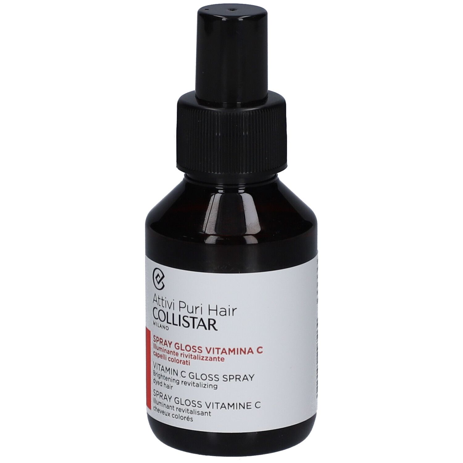 Bruine glazen fles met zwarte spraykop. Etiket met productnaam en merk: Collistar Vitamin C Gloss Spray.