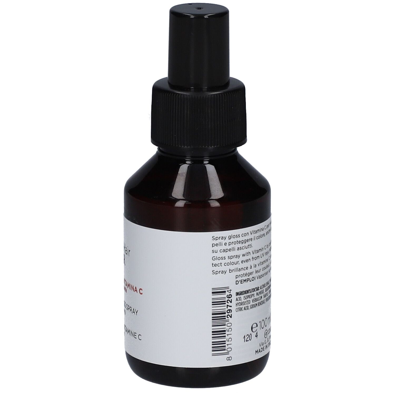 Bruine glazen fles met zwarte spraykop. Etiket met productinformatie. Merk: Collistar.