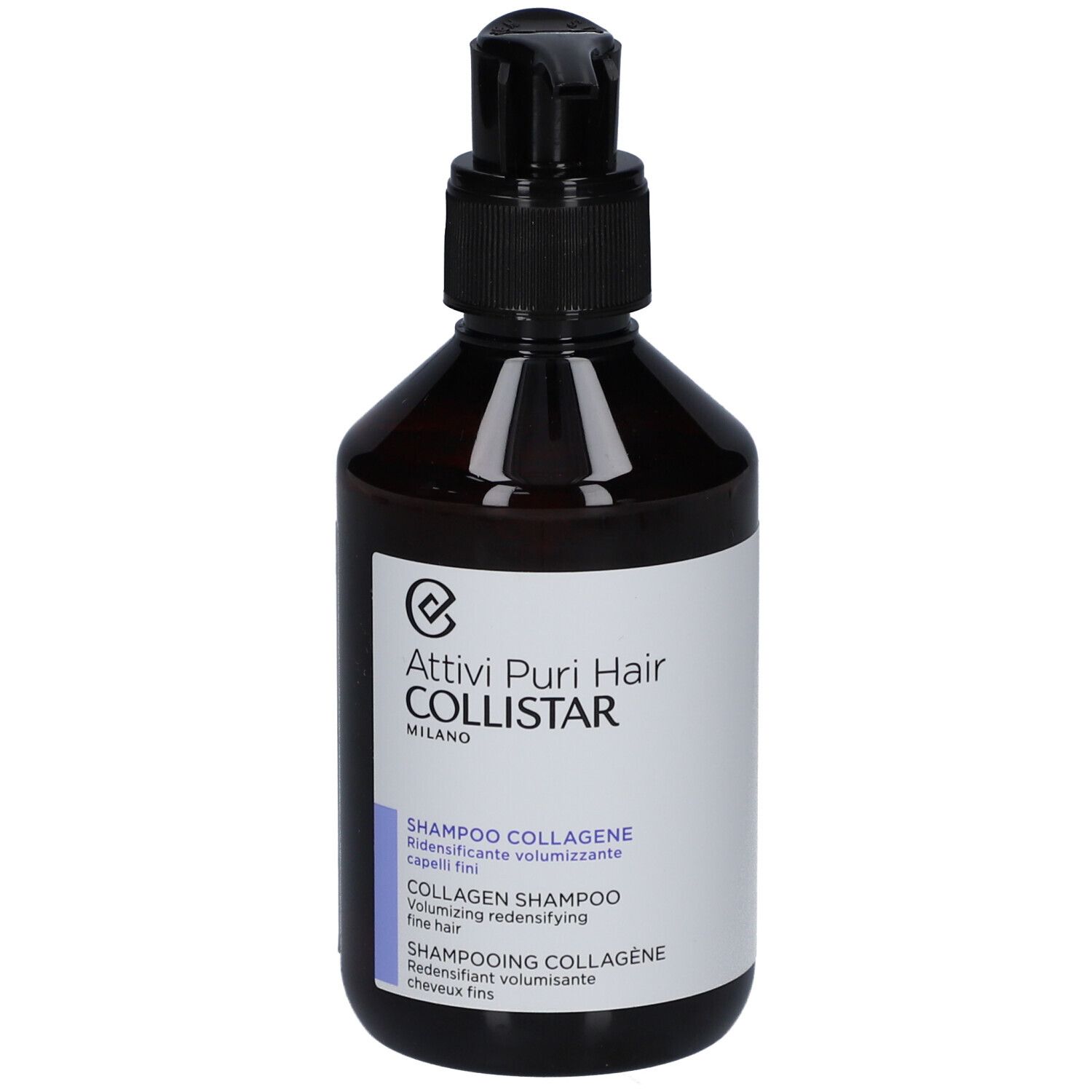 Bruine fles met zwarte pomp. Opschrift: Attivi Puri Hair Collistar. Shampoo Collagene.