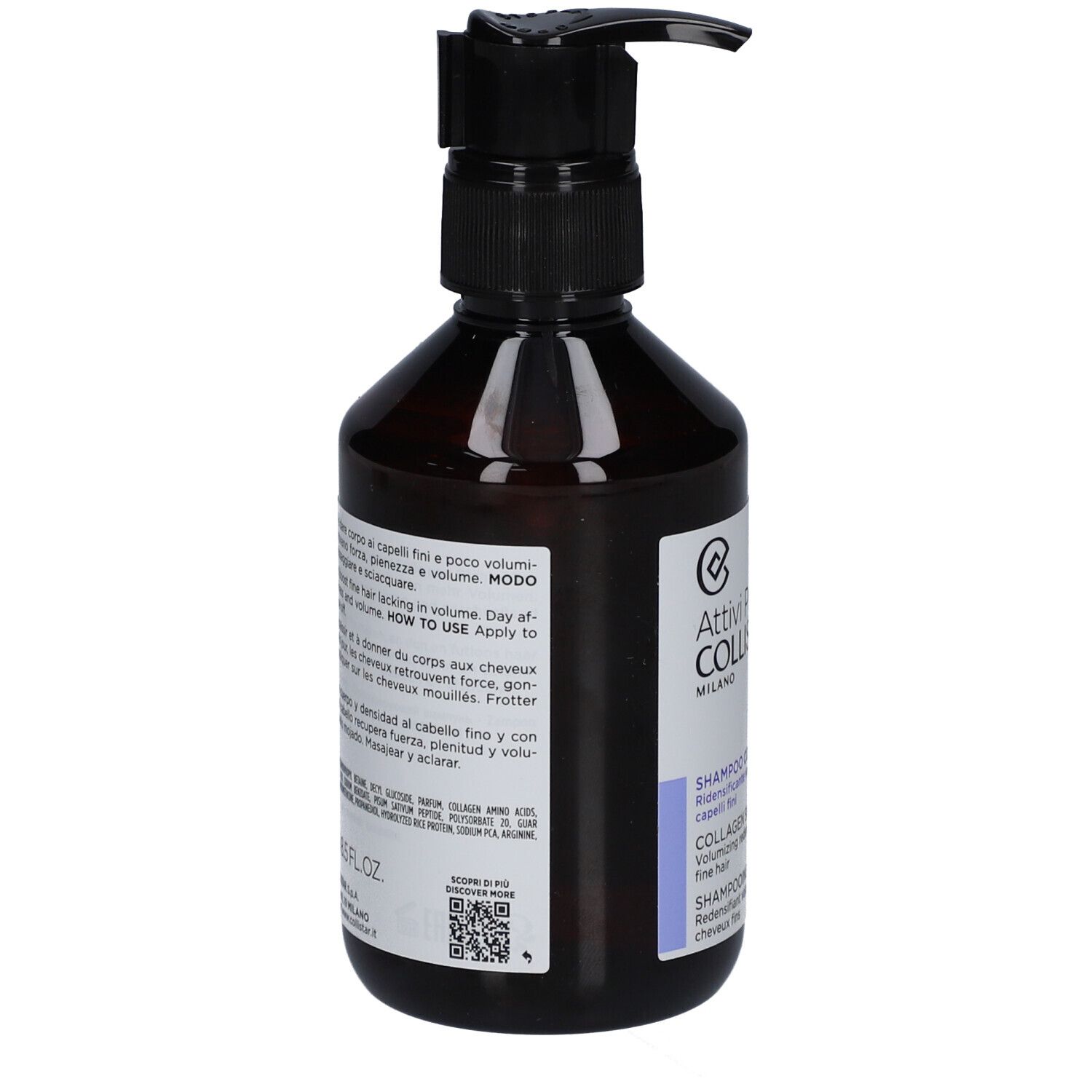 Achterkant bruine fles met zwarte pomp. Tekst op wit etiket. QR-code.