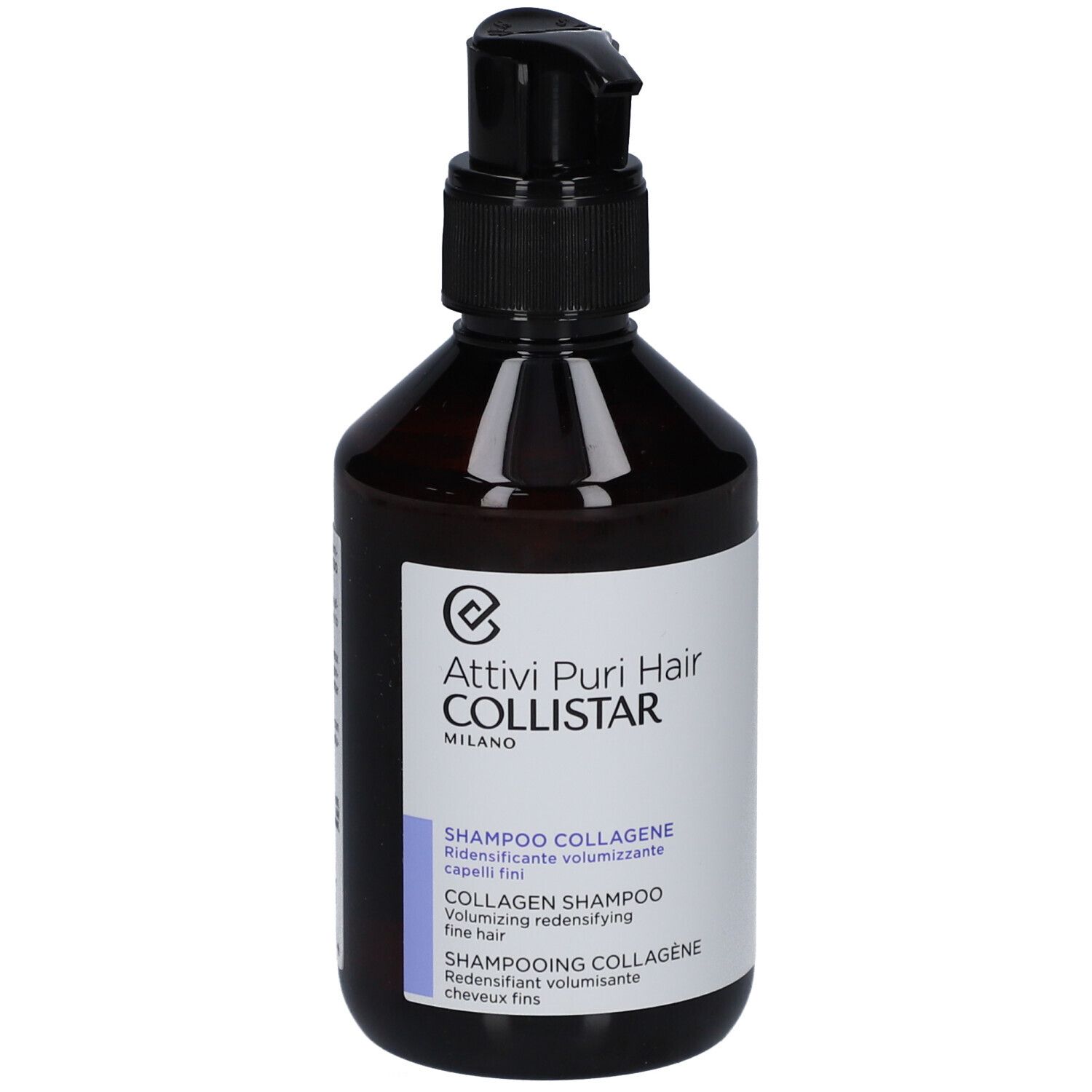 Bruine fles met zwarte pomp. Opschrift: Attivi Puri Hair Collistar. Shampoo Collagene.