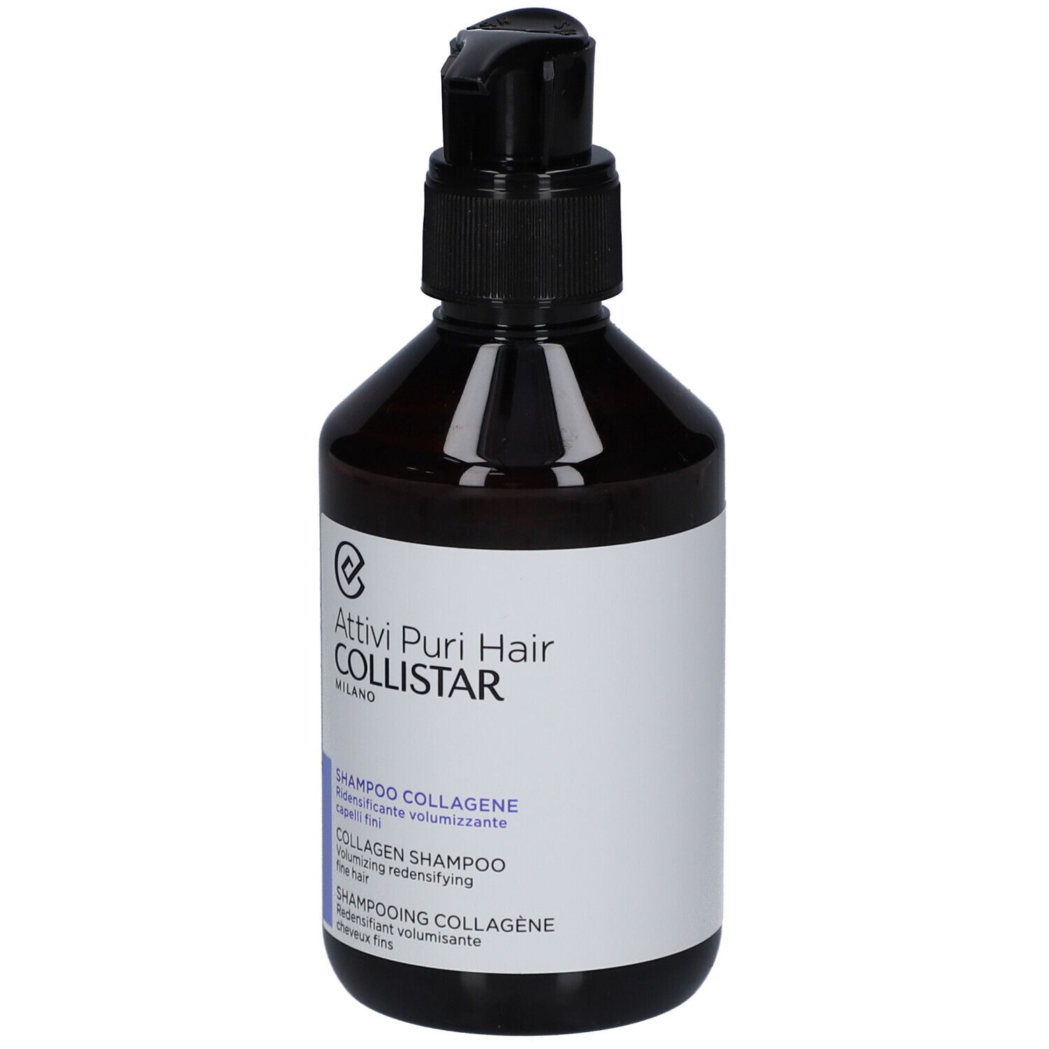 Bruine fles met zwarte pomp. Opschrift: Attivi Puri Hair Collistar. Shampoo Collagene.