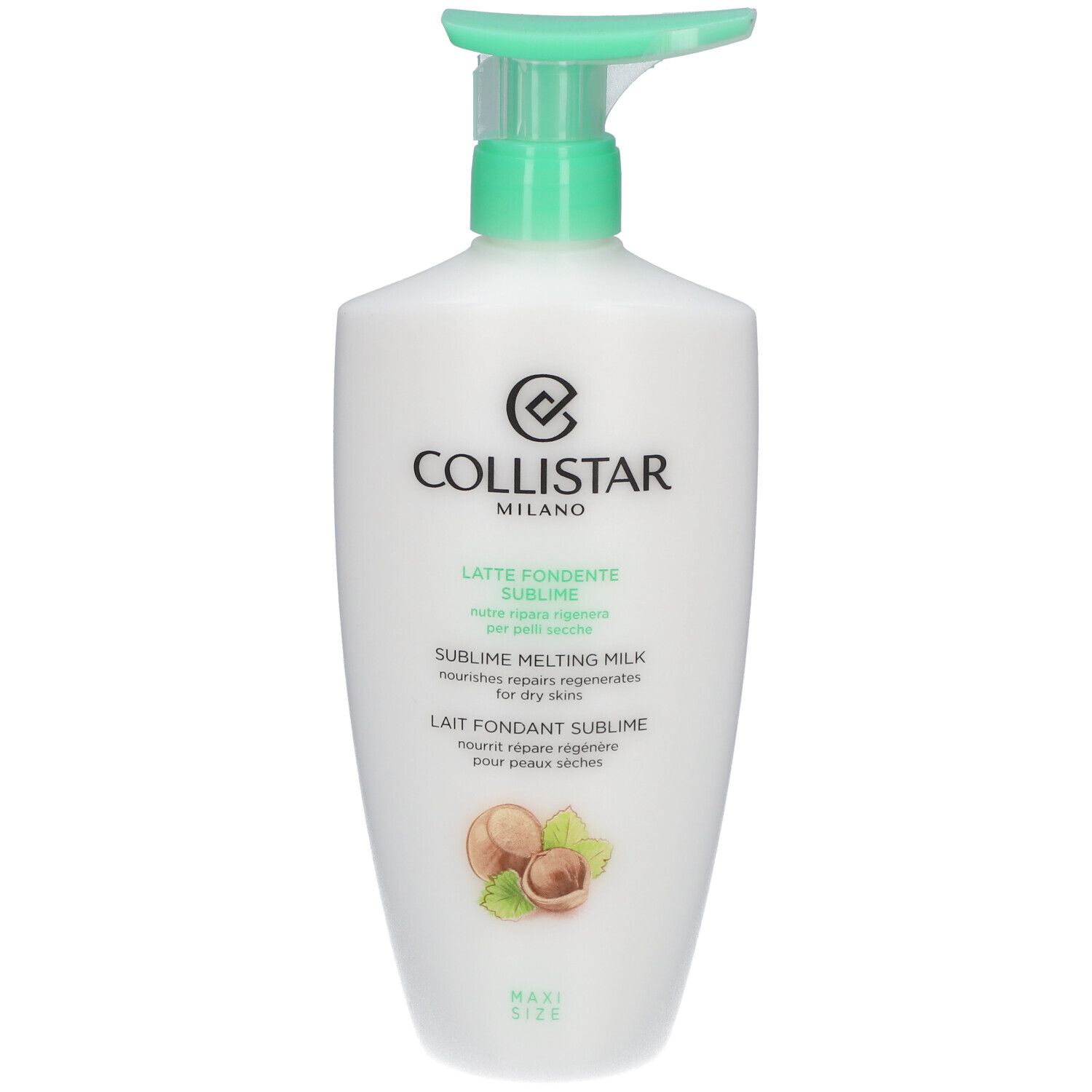 Witte fles met groene pomp. Opschrift: Collistar Milano, Latte Fondente Sublime, voor de droge huid.