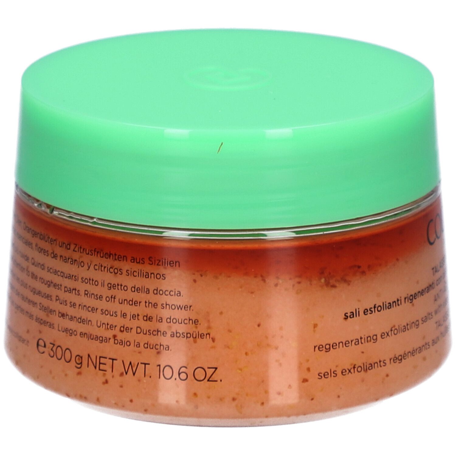 Ronde pot met groen deksel. Opschrift: COLLISTAR, TALASSO-SCRUB ANTI-AGE. Tekst op achterkant.