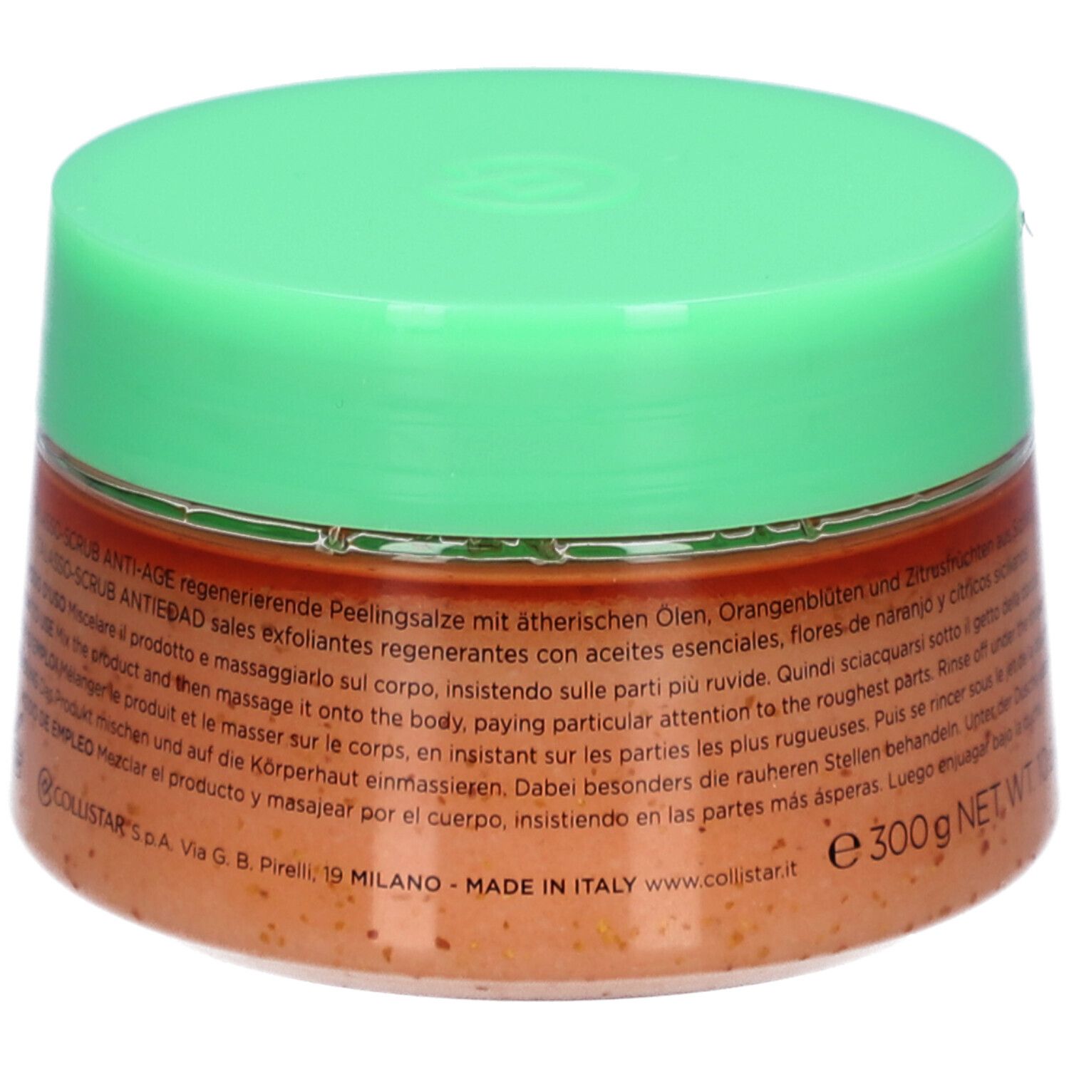 Ronde pot met groen deksel. Opschrift: COLLISTAR, TALASSO-SCRUB ANTI-AGE. Tekst op achterkant.