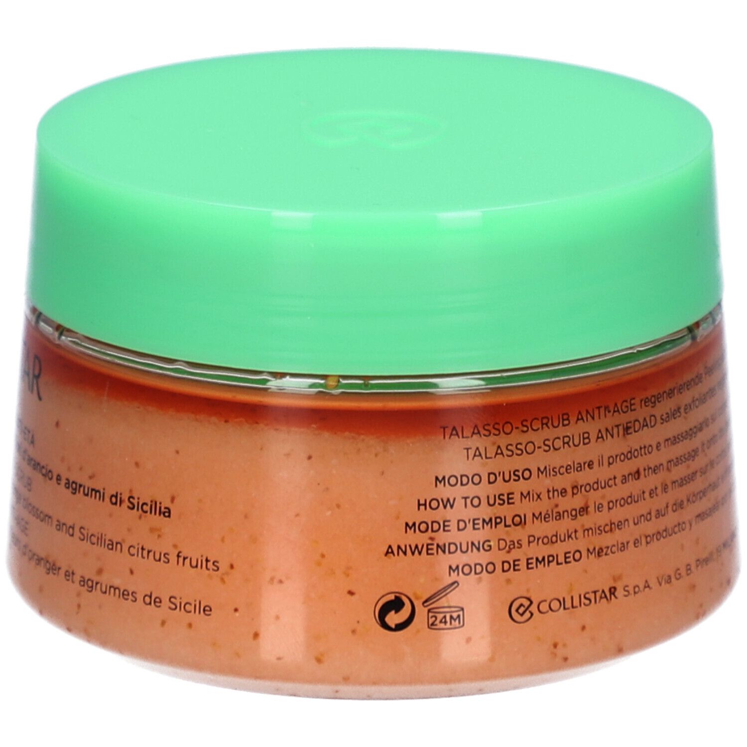 Ronde pot met groen deksel. Opschrift: COLLISTAR, TALASSO-SCRUB ANTI-AGE. Tekst op achterkant.