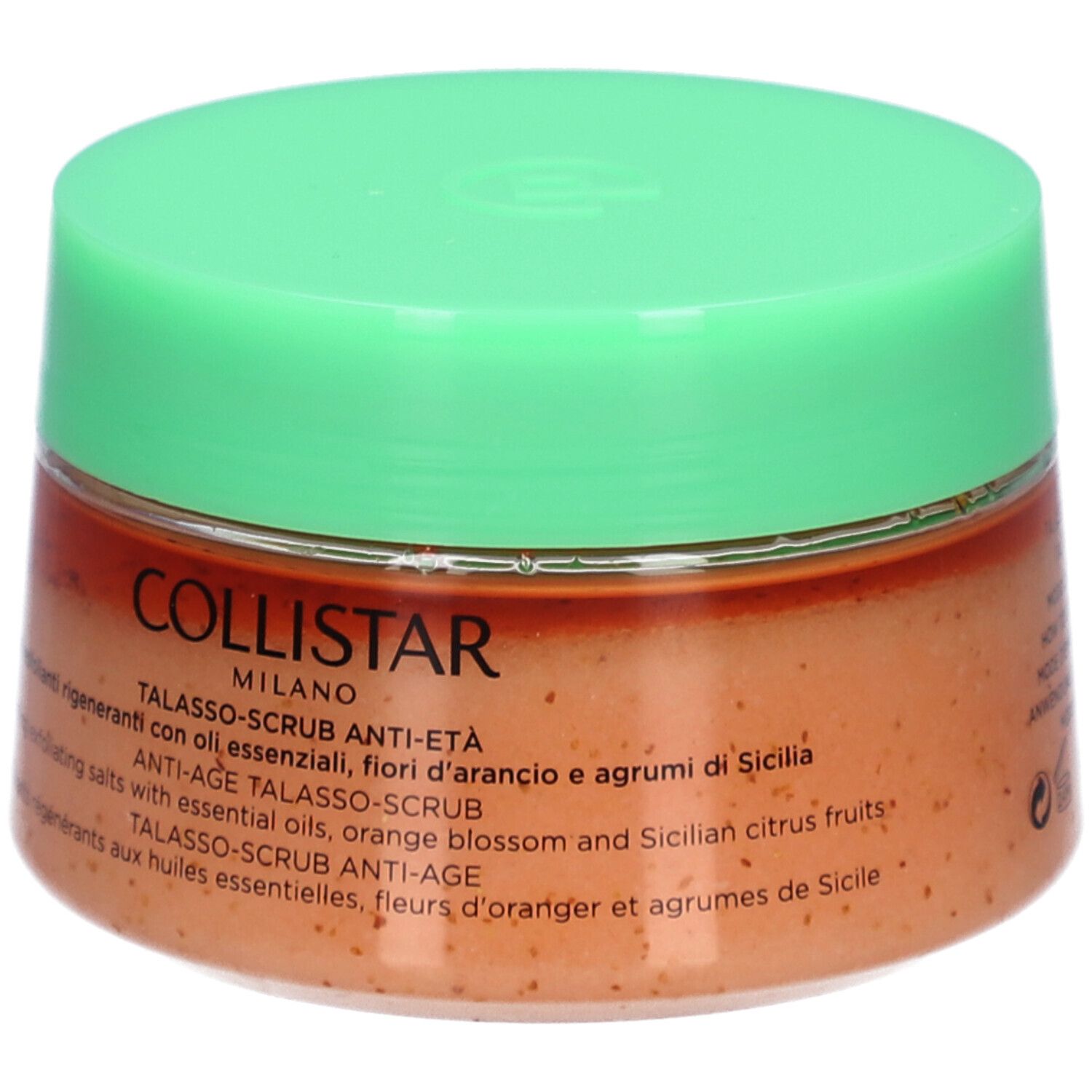 Ronde pot met groen deksel. Opschrift: COLLISTAR, TALASSO-SCRUB ANTI-AGE.