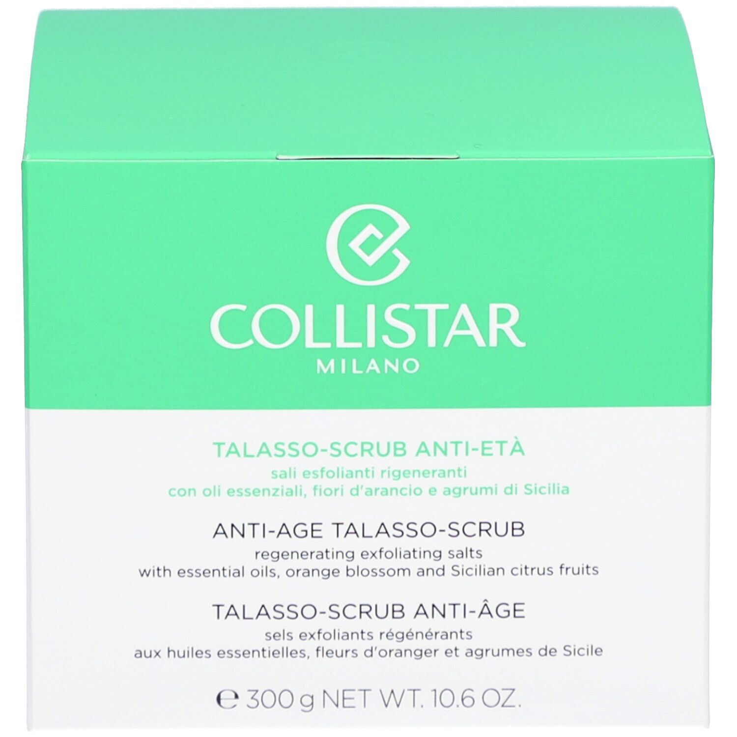 Groene doos. Opschrift: COLLISTAR, TALASSO-SCRUB ANTI-AGE. Tekst en logo.